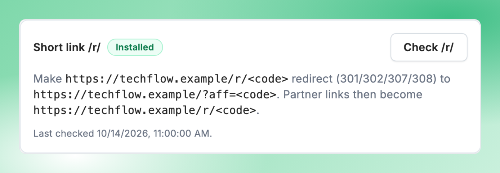 The Short link /r/ card in Settings showing Installed, with the redirect rule and a Check /r/ button